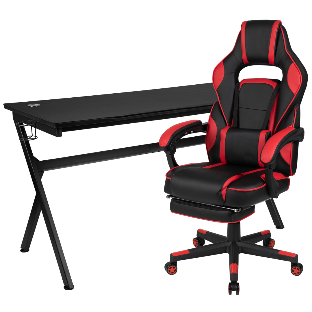 Optis Gaming Desk with Cup Holder/Headphone Hook/Removable Mousepad Top &amp; Red Reclining Back/Arms Gaming Chair with Footrest