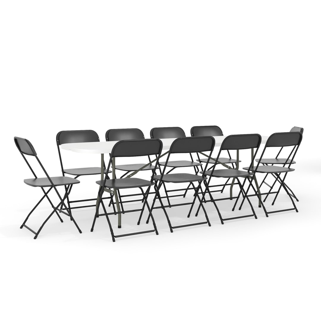 Kathryn 8' Bi-Fold Granite White Plastic Event/Training Folding Table Set with 10 Folding Chairs