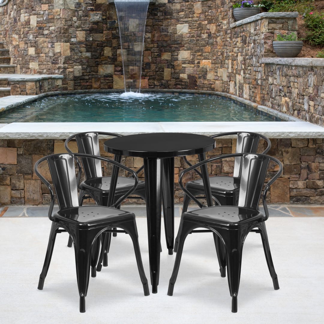 Chauncey Commercial Grade 24" Round Black Metal Indoor-Outdoor Table Set with 4 Arm Chairs