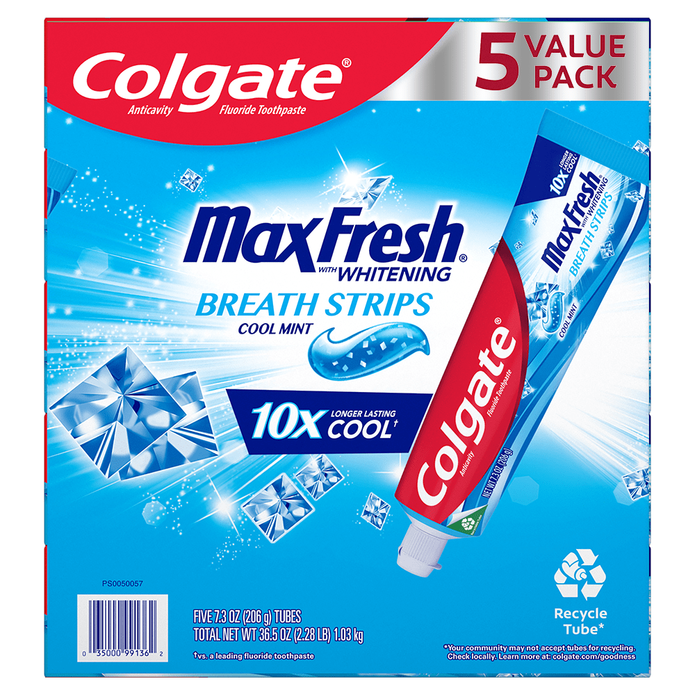 Colgate Max Fresh Toothpaste with Mini Breath Strips, Cool Mint, 7.6oz, 5 Pack
