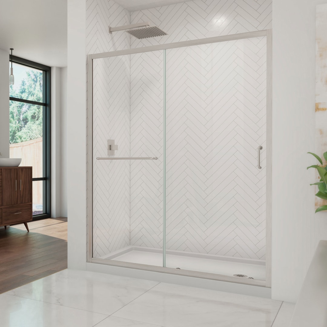 DreamLine Infinity-Z 36 inch D x 60 inch W x 74 3/4 inch H Semi-Frameless Sliding Clear Shower Door in Brushed Nickel with Right Drain White Shower Base Kit
