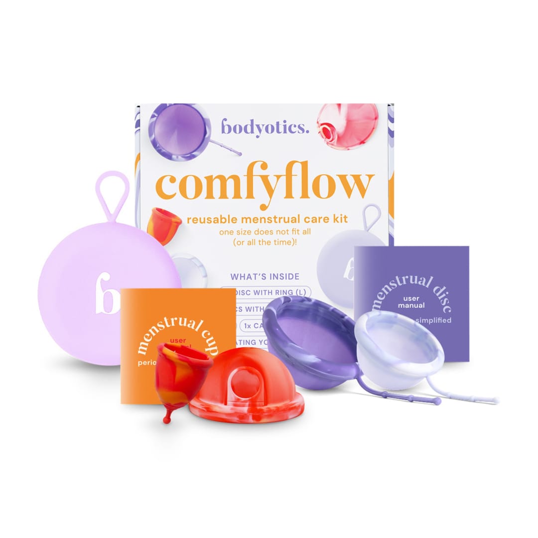 Bodyotics Reusable Period Care Set Set With 3 Menstrual Discs (S & L) & Menstrual Cup (S) - comfyflow Multicolor (4pcs)