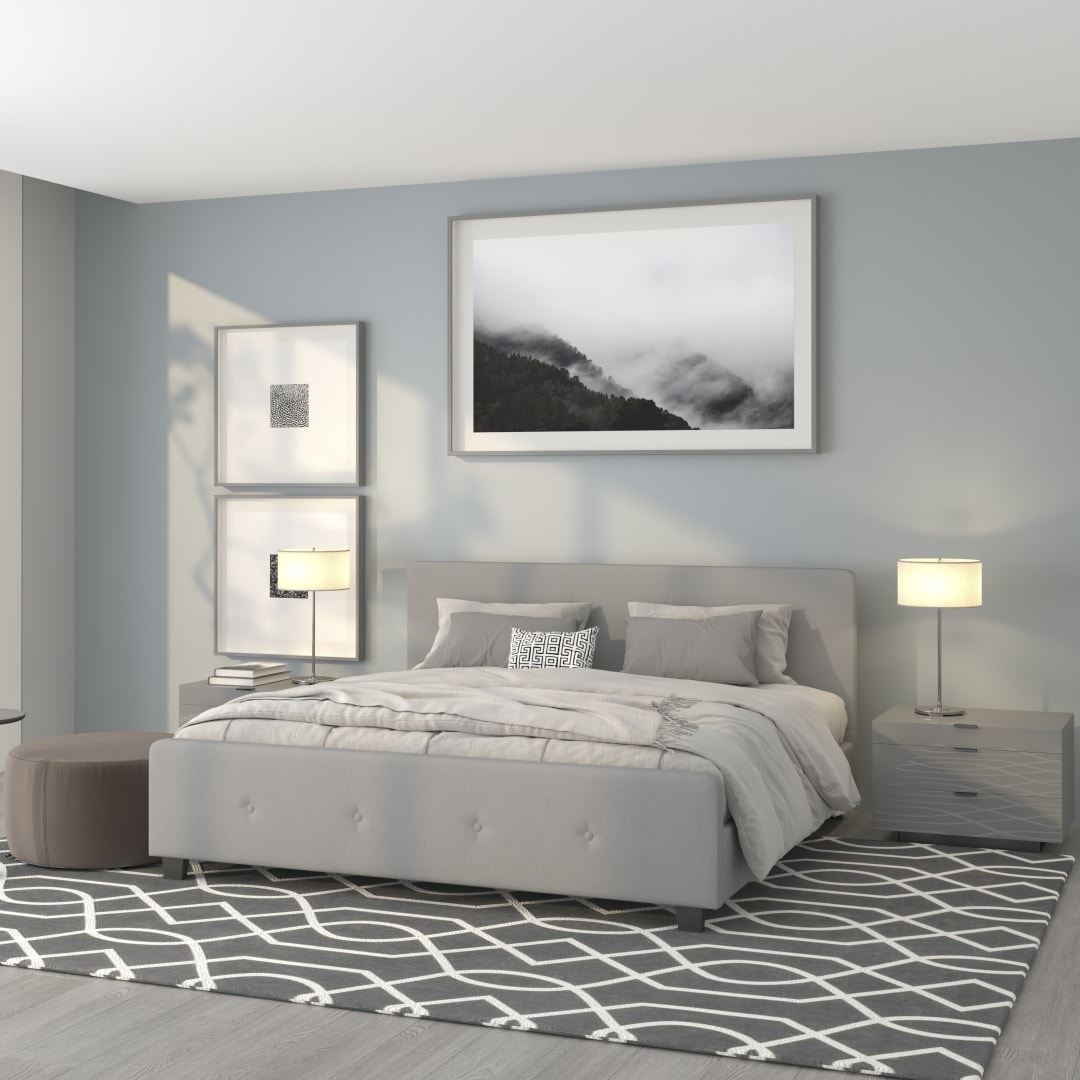 Tribeca King Size Tufted Upholstered Platform Bed in Light Gray Fabric