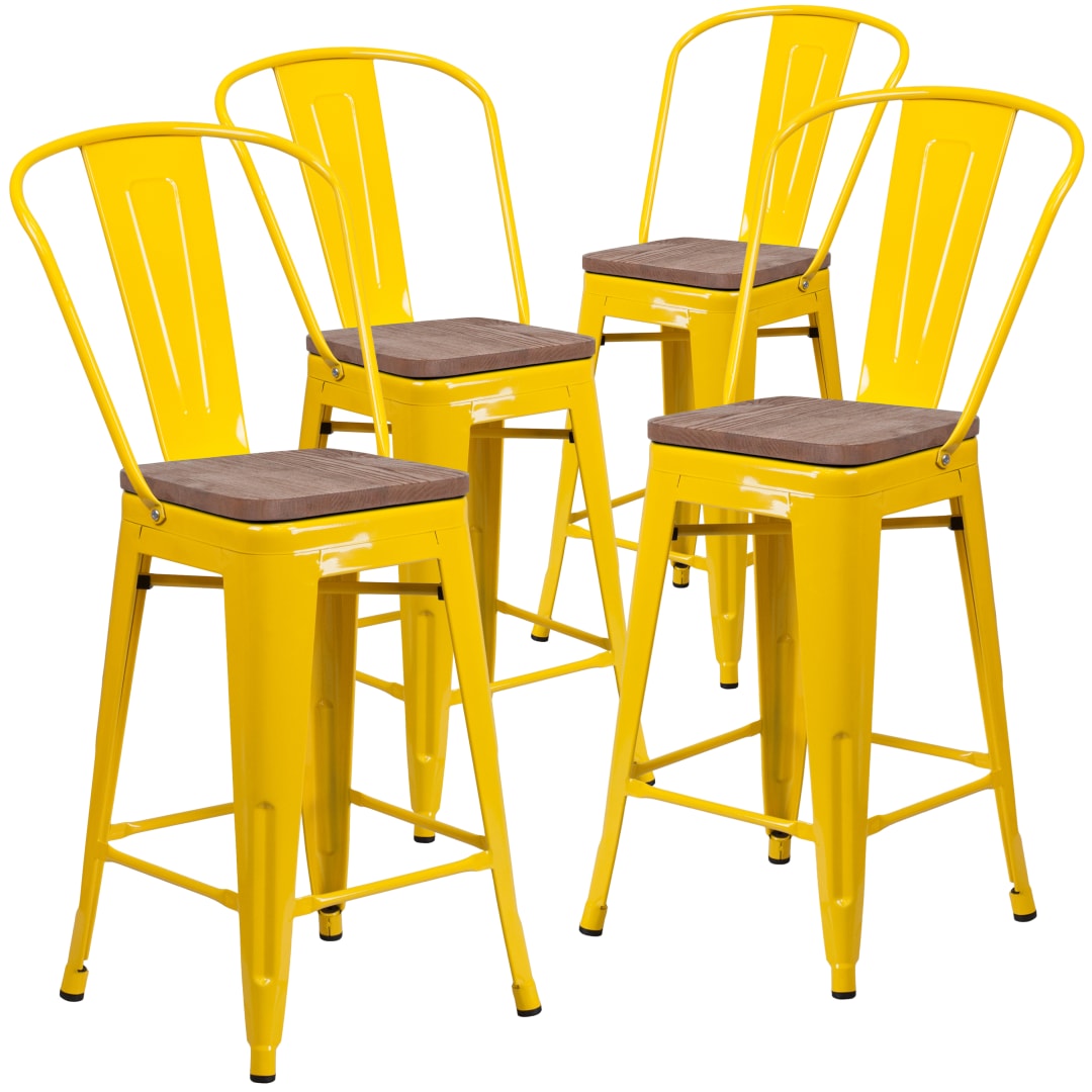 Lily 4 Pk. 24" High Yellow Metal Counter Height Stool with Back and Wood Seat