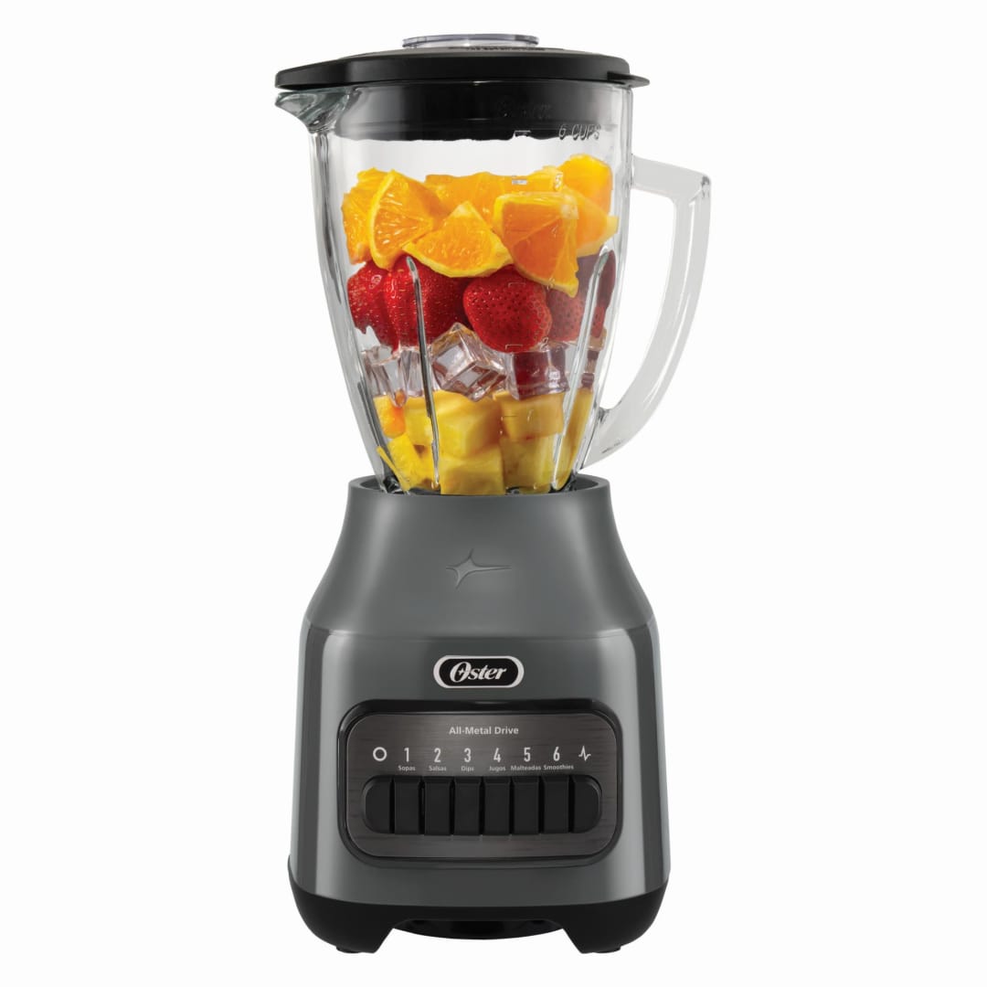 Oster® Licuadora, 6 velocidades más Pulso, Vaso de Vidrio, 1.5 Lt, 800 W, Gris, BLSTPEG-GPB