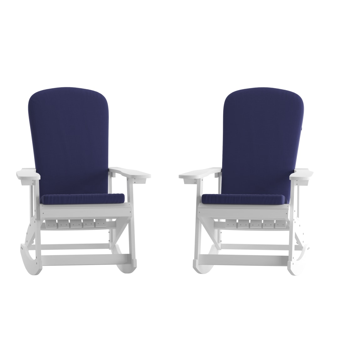 Savannah Set of 2 All-Weather Poly Resin Wood Adirondack Rocking Chairs in White with Blue Cushions for Deck, Porch, and Patio