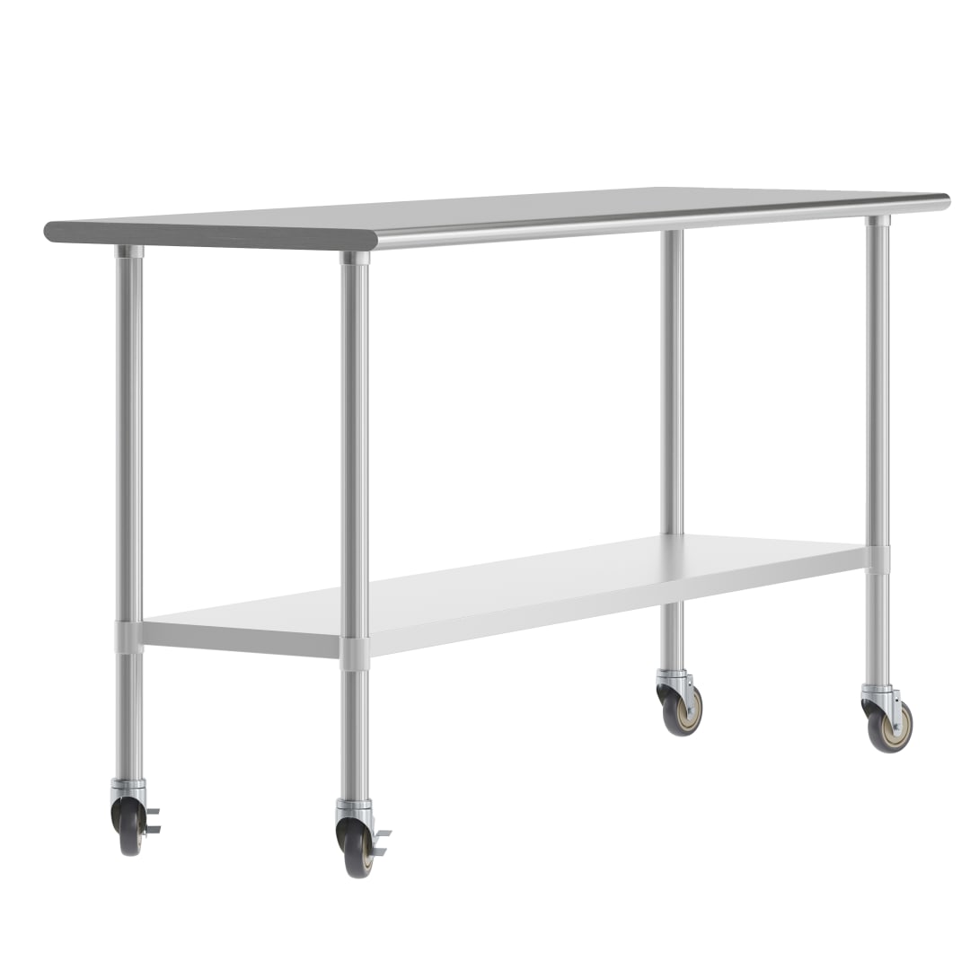 Reese 24x72 Portable Prep and Work Table with NSF Certified 18 Gauge Stainless Steel Top Shelf, Galvanized Steel Undershelf, 4 Casters with 2 Locking