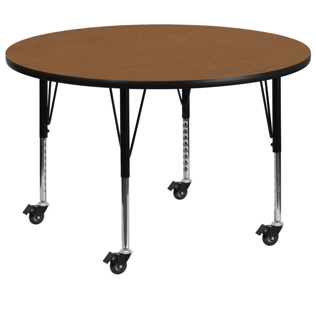 Wren Mobile 48'' Round Oak Thermal Laminate Activity Table - Height Adjustable Short Legs