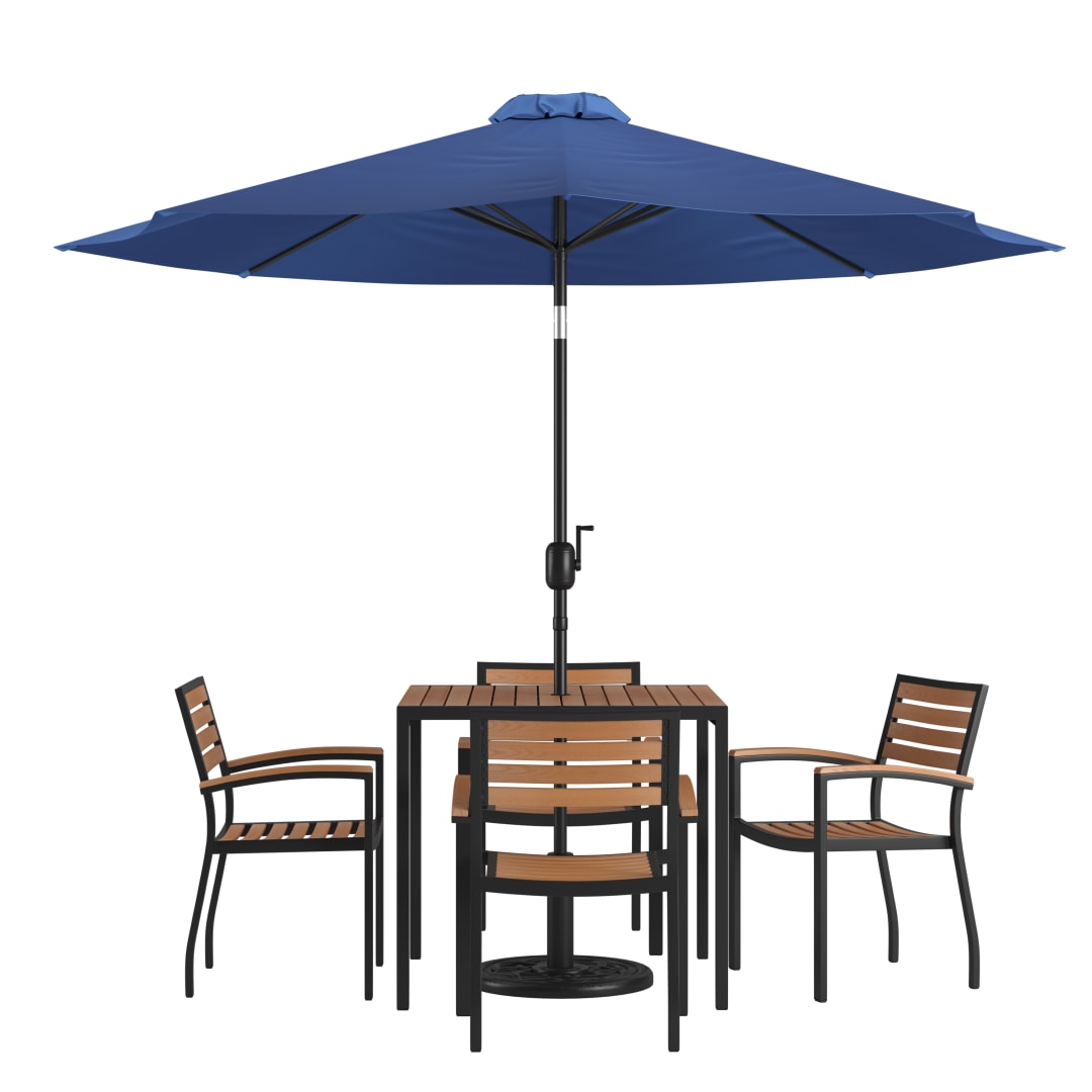 Lark 7 Piece Outdoor Patio Table Set with 4 Synthetic Teak Stackable Chairs, 35" Square Table, Navy Umbrella & Base