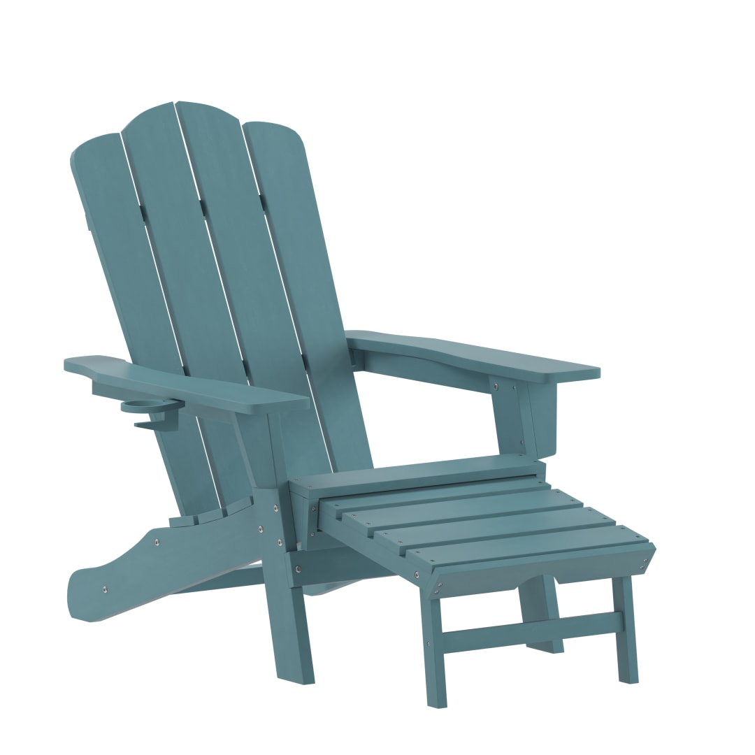Newport HDPE Adirondack Chair with Cup Holder and Pull Out Ottoman, All-Weather HDPE Indoor/Outdoor Lounge Chair in Blue