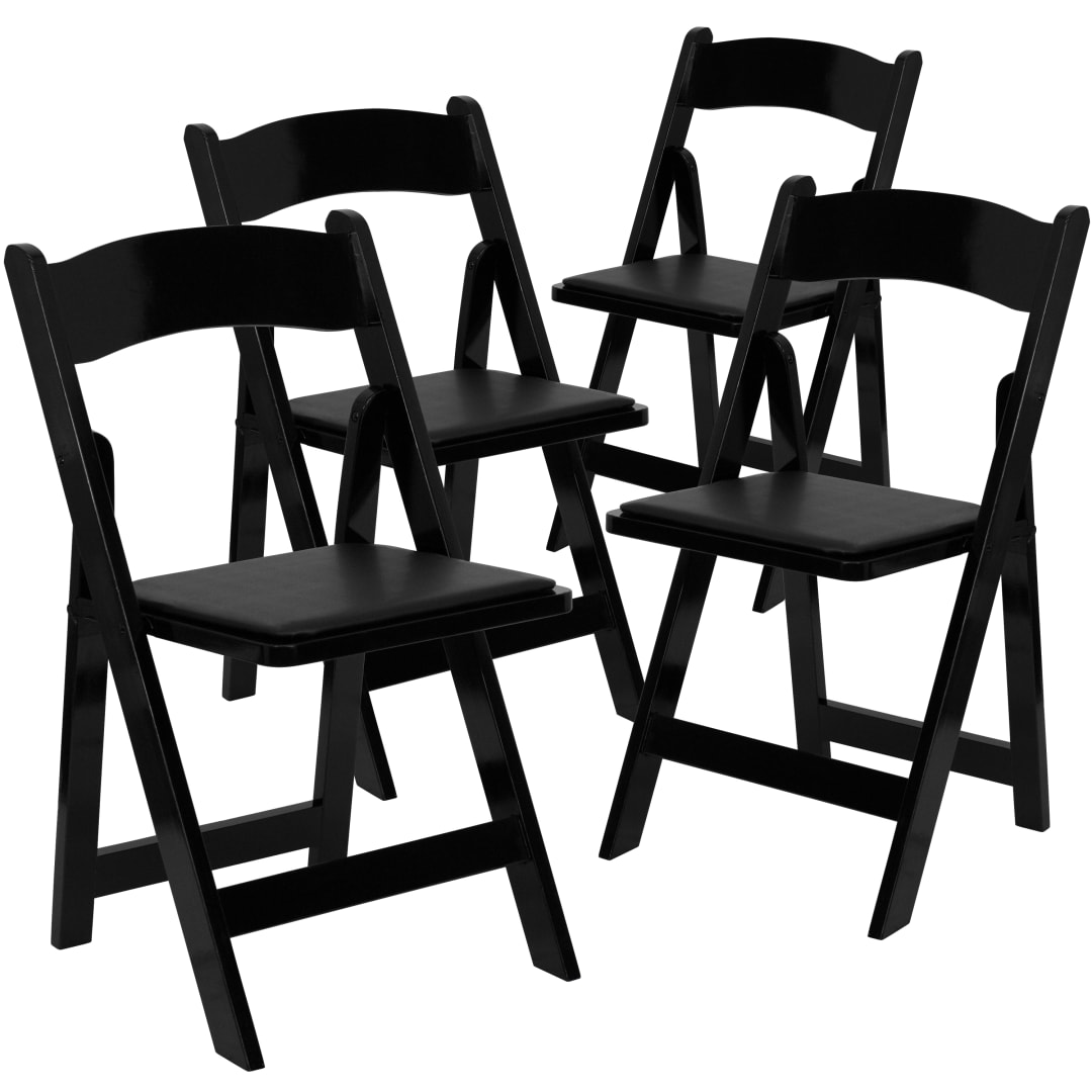 4 Pack HERCULES Series Black Wood Folding Chair with Vinyl Padded Seat