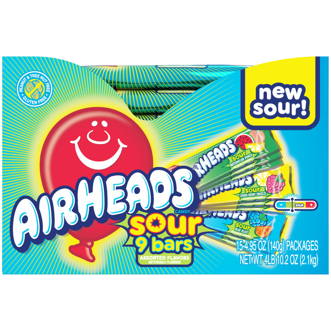 Airheads Sour Bars Assorted Flavors 9 pc Check Stand Bags - 15 Pack