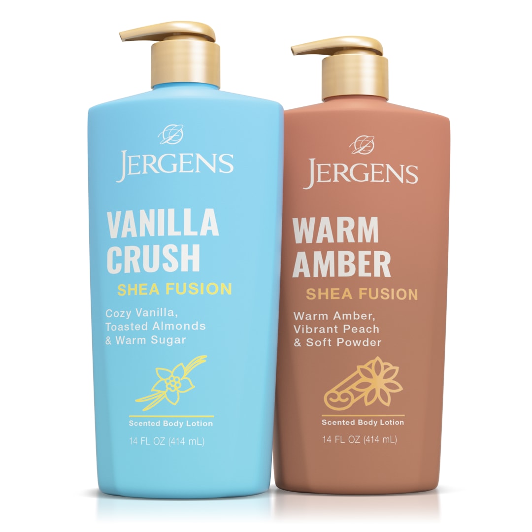 Jergens Shea Fusion Lotion Duo, Vanilla Crush & Warm Amber, 14 fl oz, 2pk