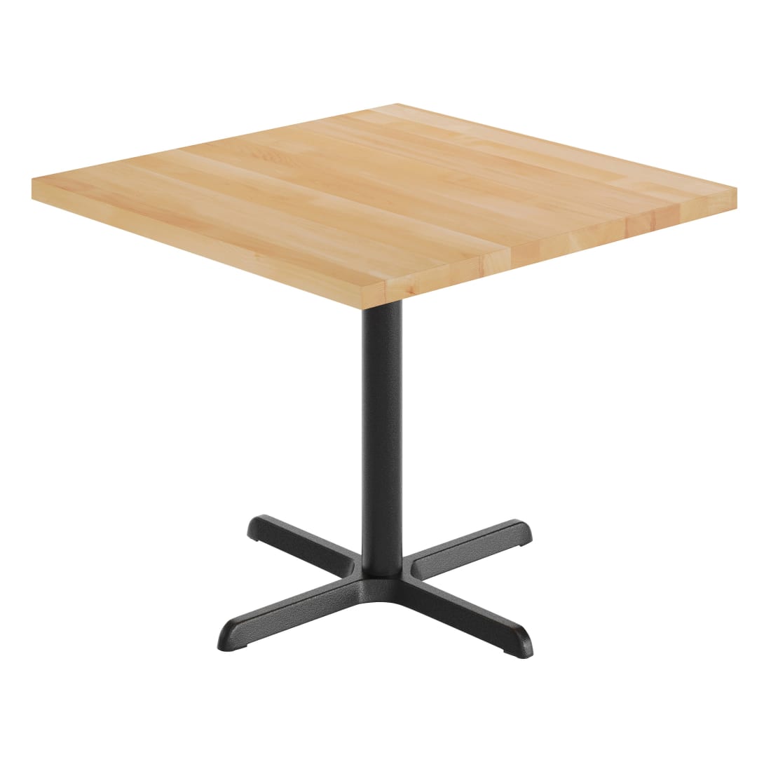 Bennett 36" Square Solid Wood Commercial Indoor Tabletop in Natural with 30" x 30" Dining Height Rust-Resistant Black Cast Iron X-Base
