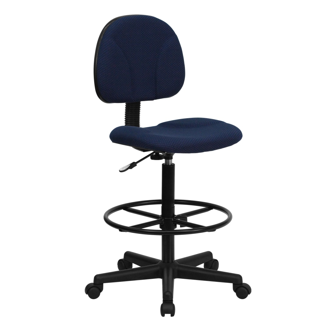 Bruce Navy Blue Patterned Fabric Adjustable Height Drafting Chair with Adjustable Foot Ring