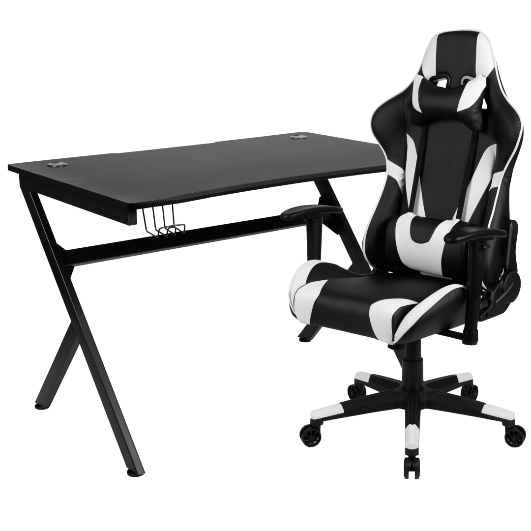 Optis Black Gaming Desk and Black Reclining Gaming Chair Set with Cup Holder, Headphone Hook &amp; 2 Wire Management Holes