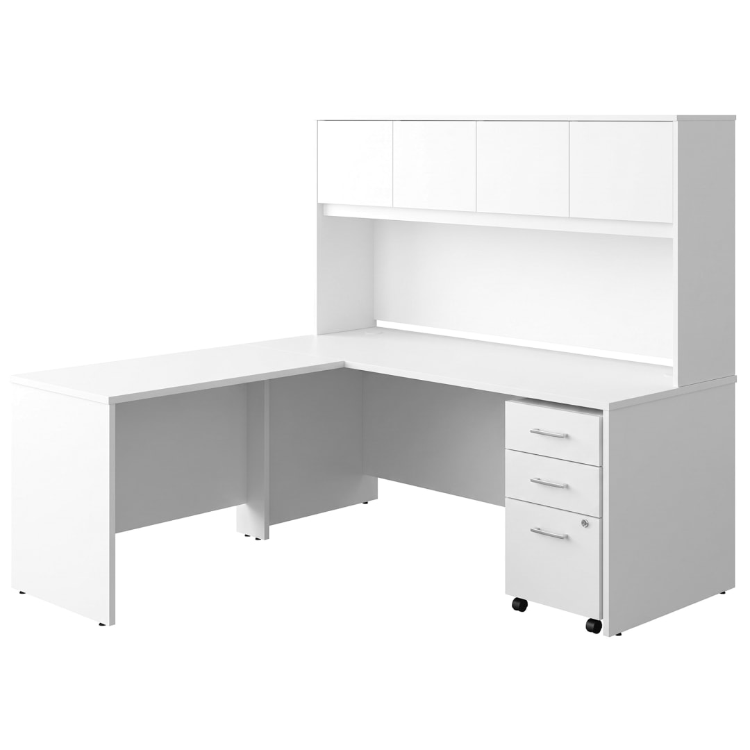 Cornerstone 71"W x 71"D Executive L-Desk with Hutch and 3-Drawer Mobile Pedestal, White