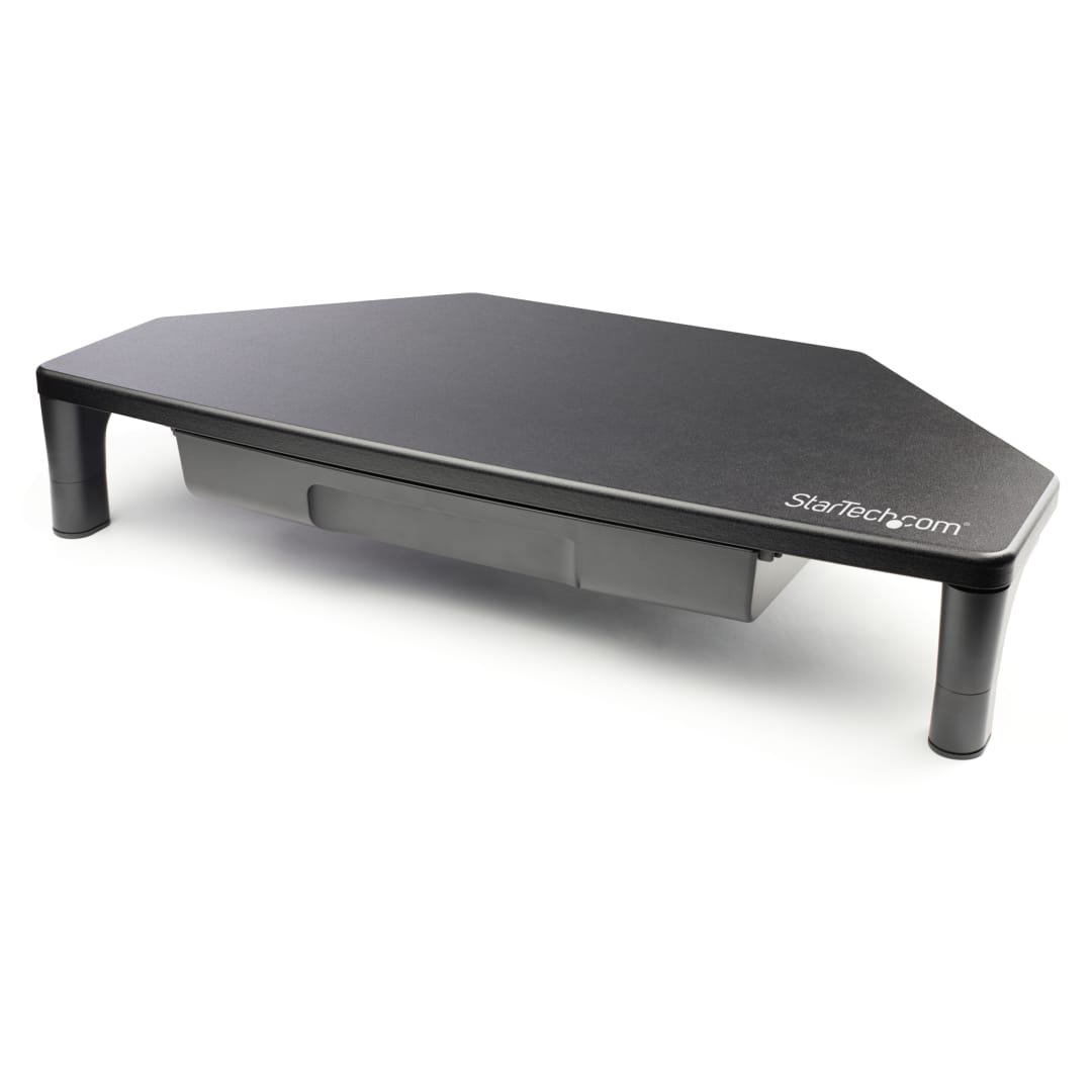 Corner monitor riser with integrated drawer.