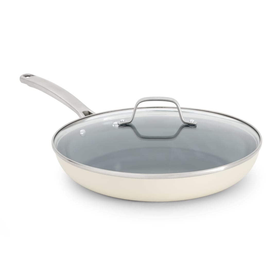 Calphalon Ceramic Nonstick 12 inch Frying Pan with Lid, Easy Cleanup Ceramic Pan for Searing, Sauteing, PFAS-Free Cookware, Dishwasher Safe, Metal Utensil Safe, Oven Safe, Flour
