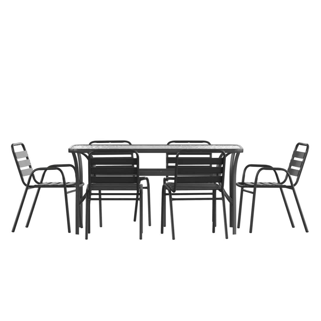Lila 7 Piece Commercial Outdoor Patio Dining Set with 60" Glass Patio Table, 4 Black Triple Slat Chairs and 2 Black Triple Slat Chairs with Arms
