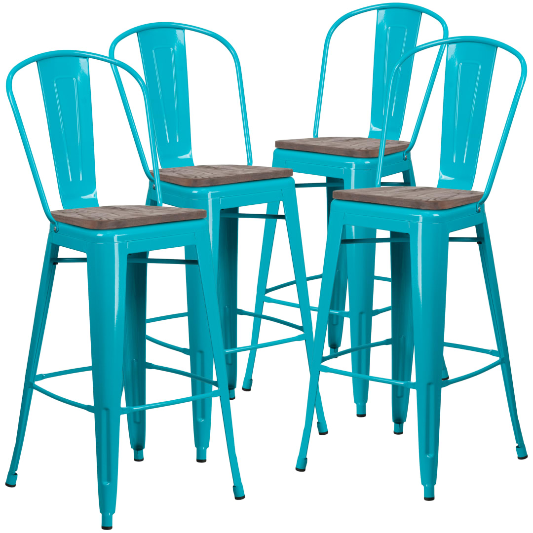 Blake 4 Pk. 30" High Crystal Teal-Blue Metal Barstool with Back and Wood Seat