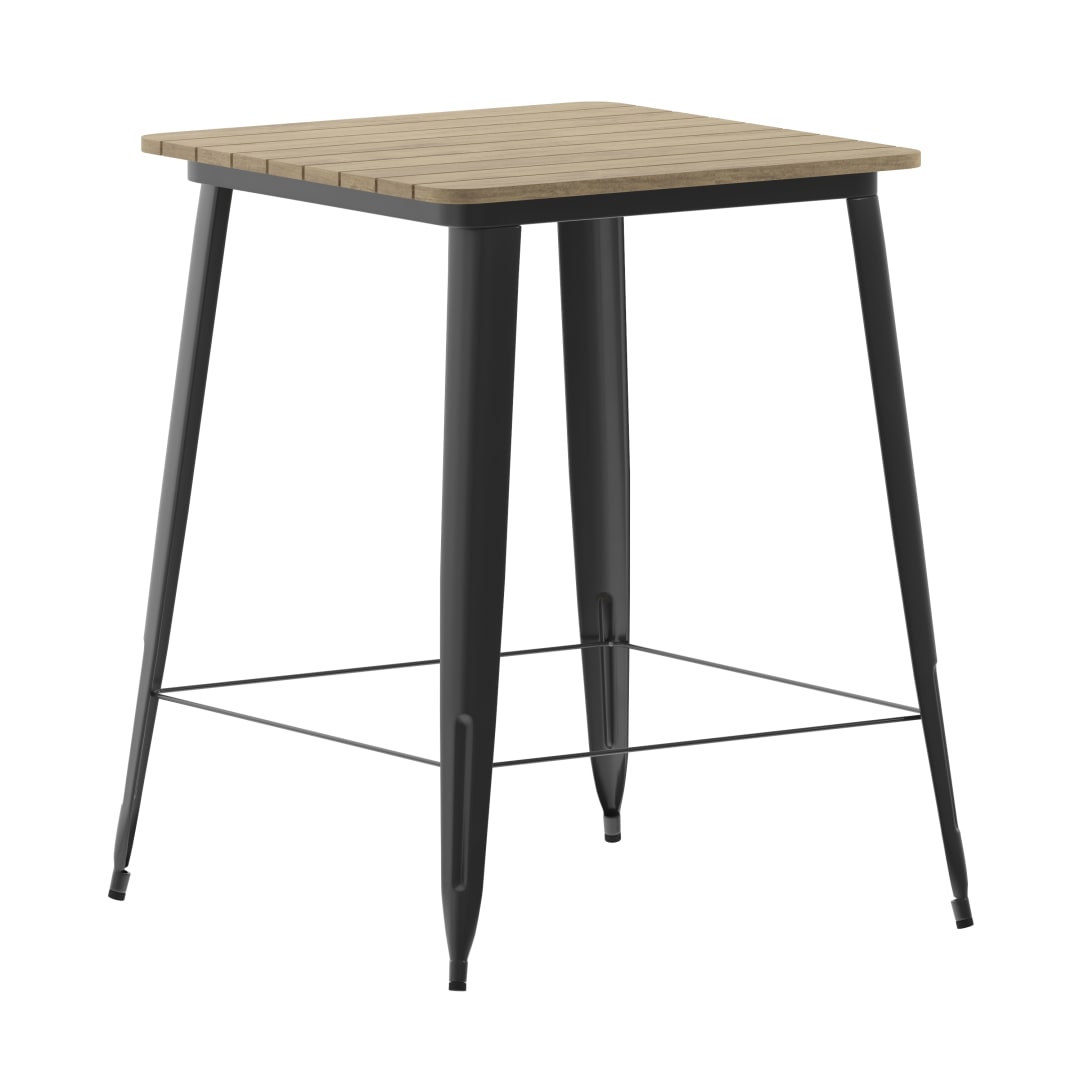 Declan Commercial Indoor/Outdoor Bar Top Table, 31.5" Square All Weather Brown Poly Resin Top with Black Steel base