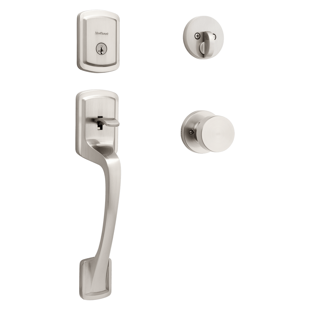 Prague Single Cylinder Handleset w/ Pismo Knob featuring SmartKey Security™ in Satin Nickel