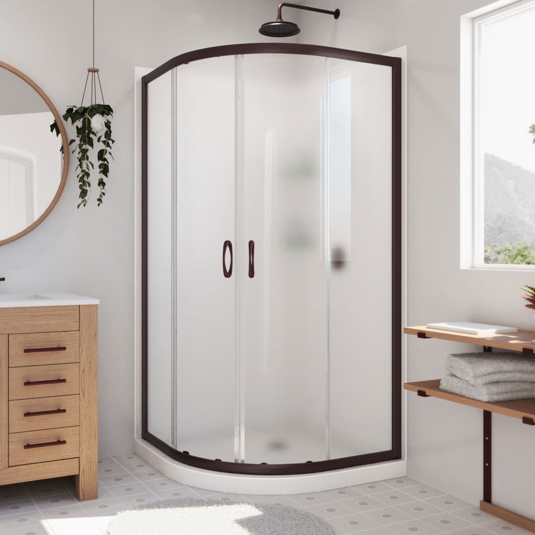 DreamLine Prime 38 inch x 38 inch x 76 3/4 inch Semi-Frameless Sliding Shower Enclosure in Oil Rubbed Bronze and Frosted Glass, Shower Base, and Wall Kit in White
