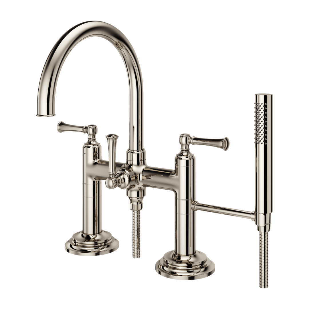 Tisbury Deck Mount 2-Handle Tub Filler with Hand Shower in Polished Nickel
