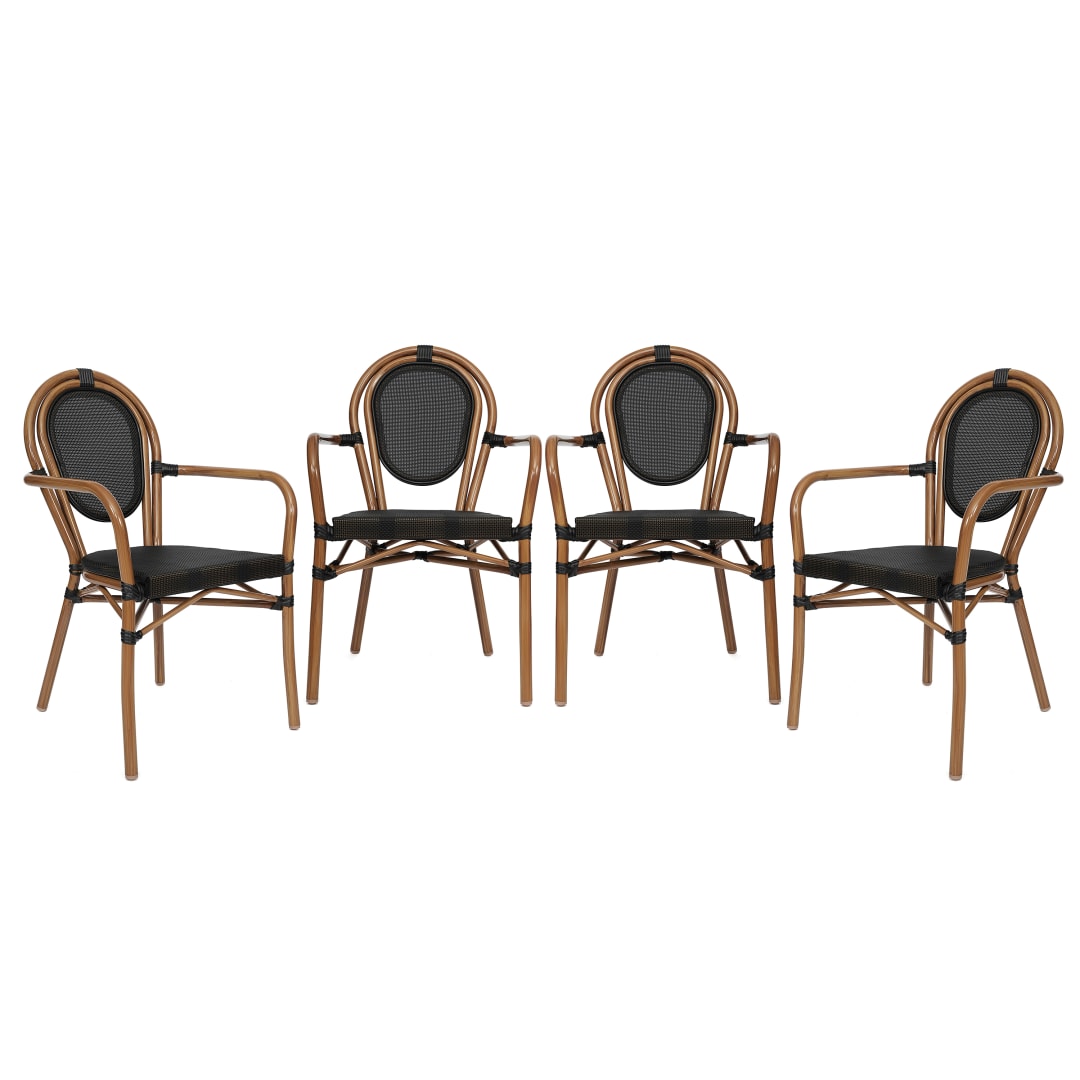 4 Pack Marseille Indoor/Outdoor Commercial Thonet Bistro Stacking Chair with Arms, Black Textilene and Bamboo Print Aluminum Frame in Natural