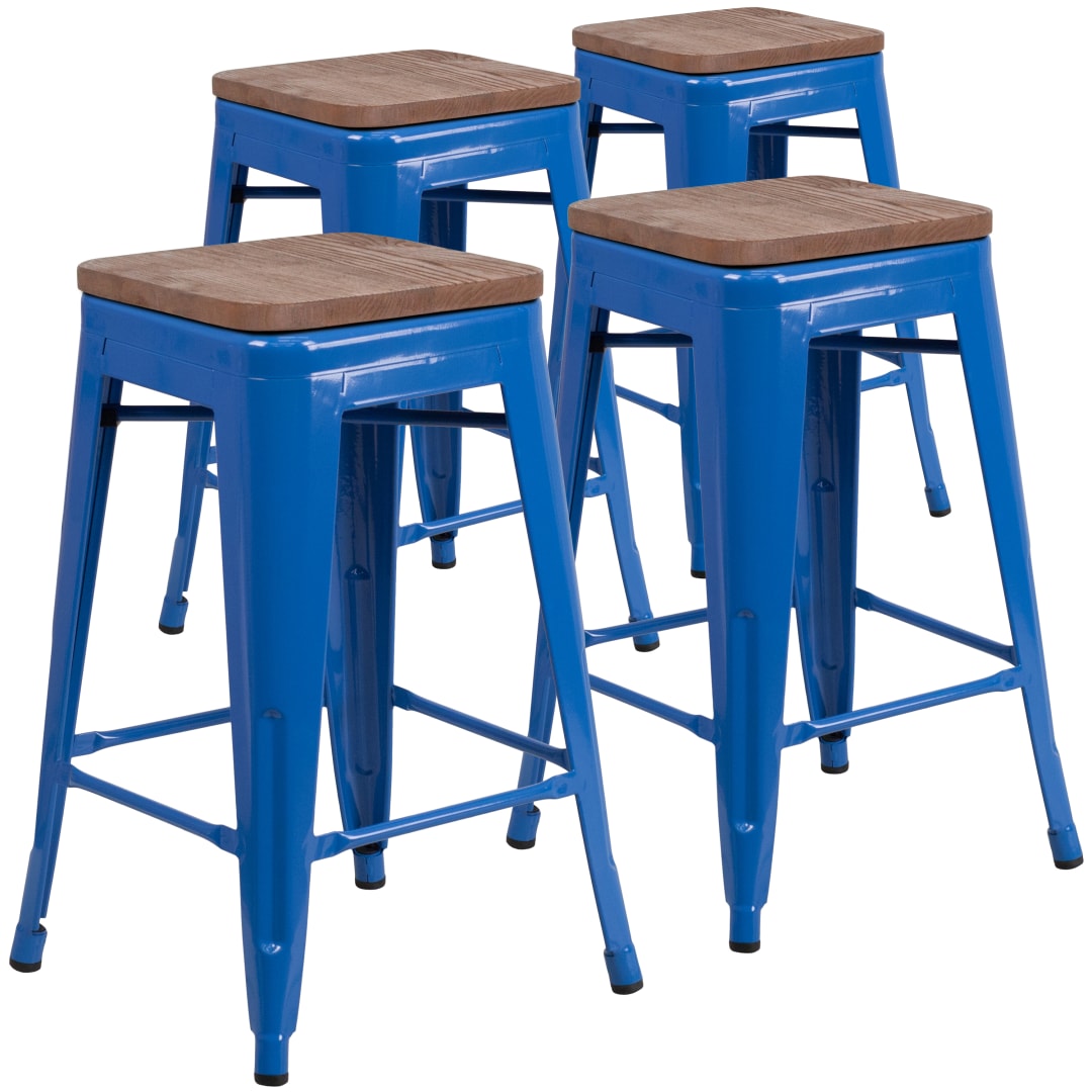 Lily 4 Pk. 24" High Backless Blue Metal Counter Height Stool with Square Wood Seat