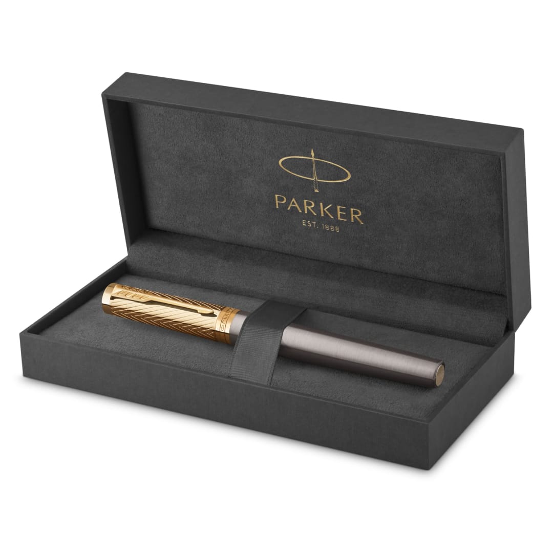 Ingenuity Pioneers Collection Rollerball, Grey Lacquer with Gold Cap & Trims, Fine, Black Ink