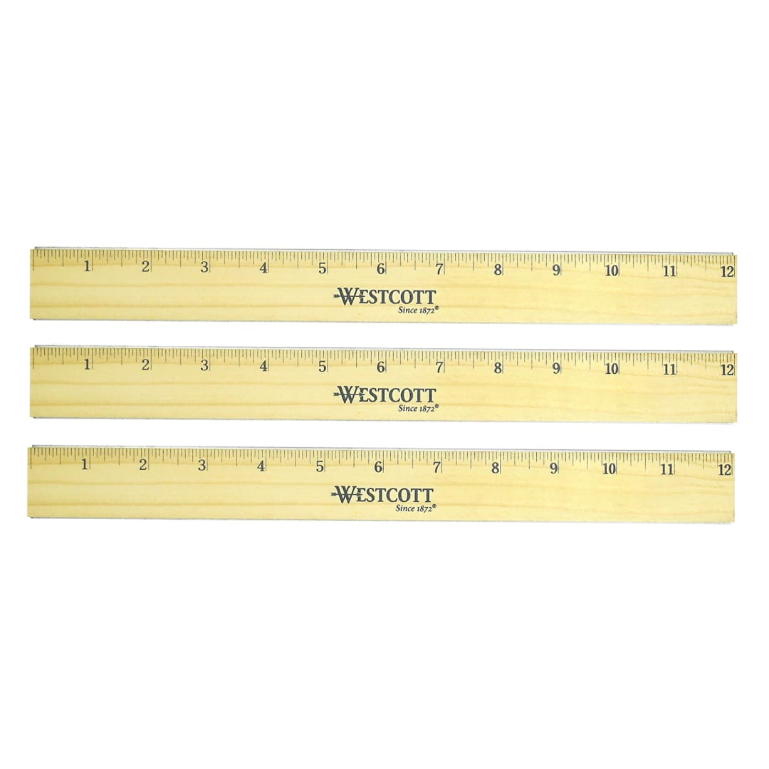 Westcott® Flat Wood Ruler With Two Double Brass Edges, Standard/Metric, 12 in, Clear Lacquer Finish, Set of 3