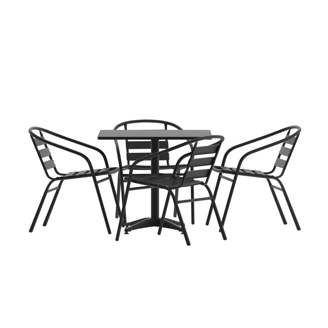 Lila 31.5'' Black Square Aluminum Indoor-Outdoor Table Set with 4 Black Slat Back Chairs