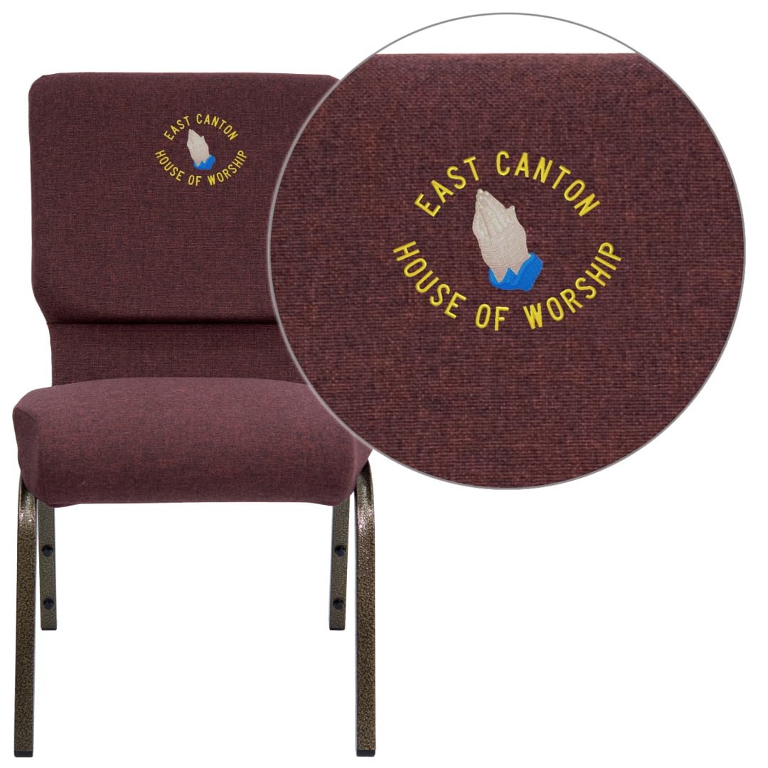 Embroidered HERCULES Series 18.5''W Stacking Church Chair in Plum Fabric - Gold Vein Frame