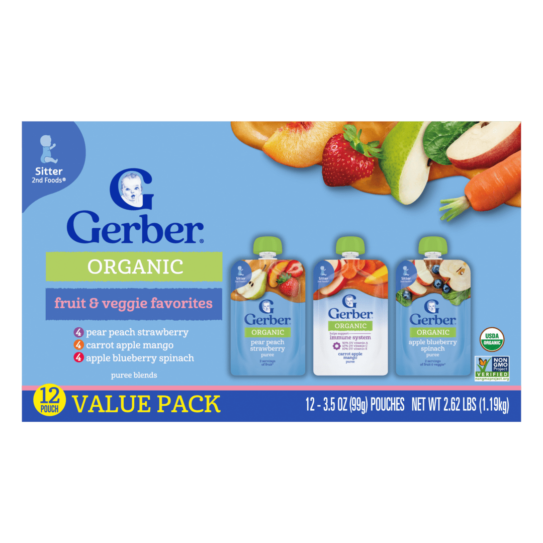 Gerber Stage 2 Baby Food, Organic Fruit and Veggie Favorites Puree Pouches, Variety 12PK