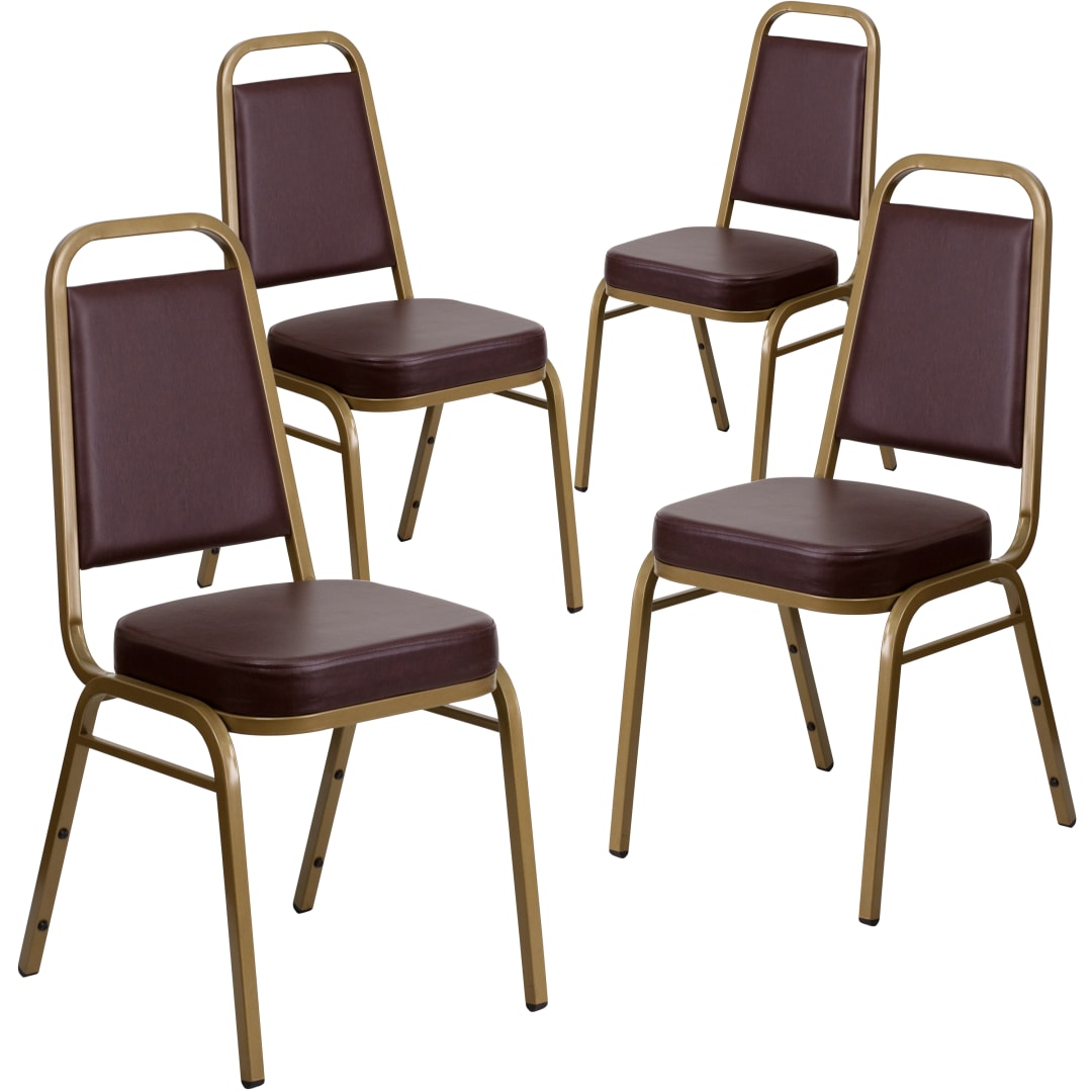 4 Pack HERCULES Series Trapezoidal Back Stacking Banquet Chair in Brown Vinyl - Gold Frame