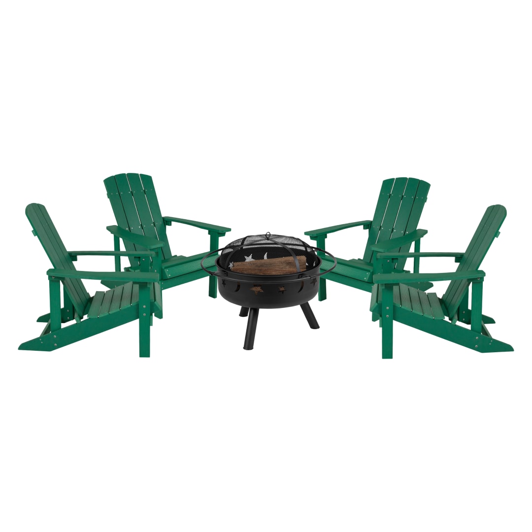 5 Piece Charlestown Green Commercial Poly Resin Wood Adirondack Chair Set with Fire Pit - Star and Moon Fire Pit with Mesh Cover