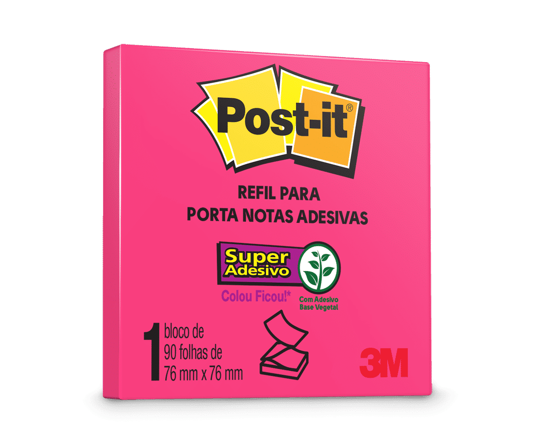 Bloco de Notas Adesivas Post-it®, Refil, Rosa Neon, 76 mm x 76 mm, 90 Folhas