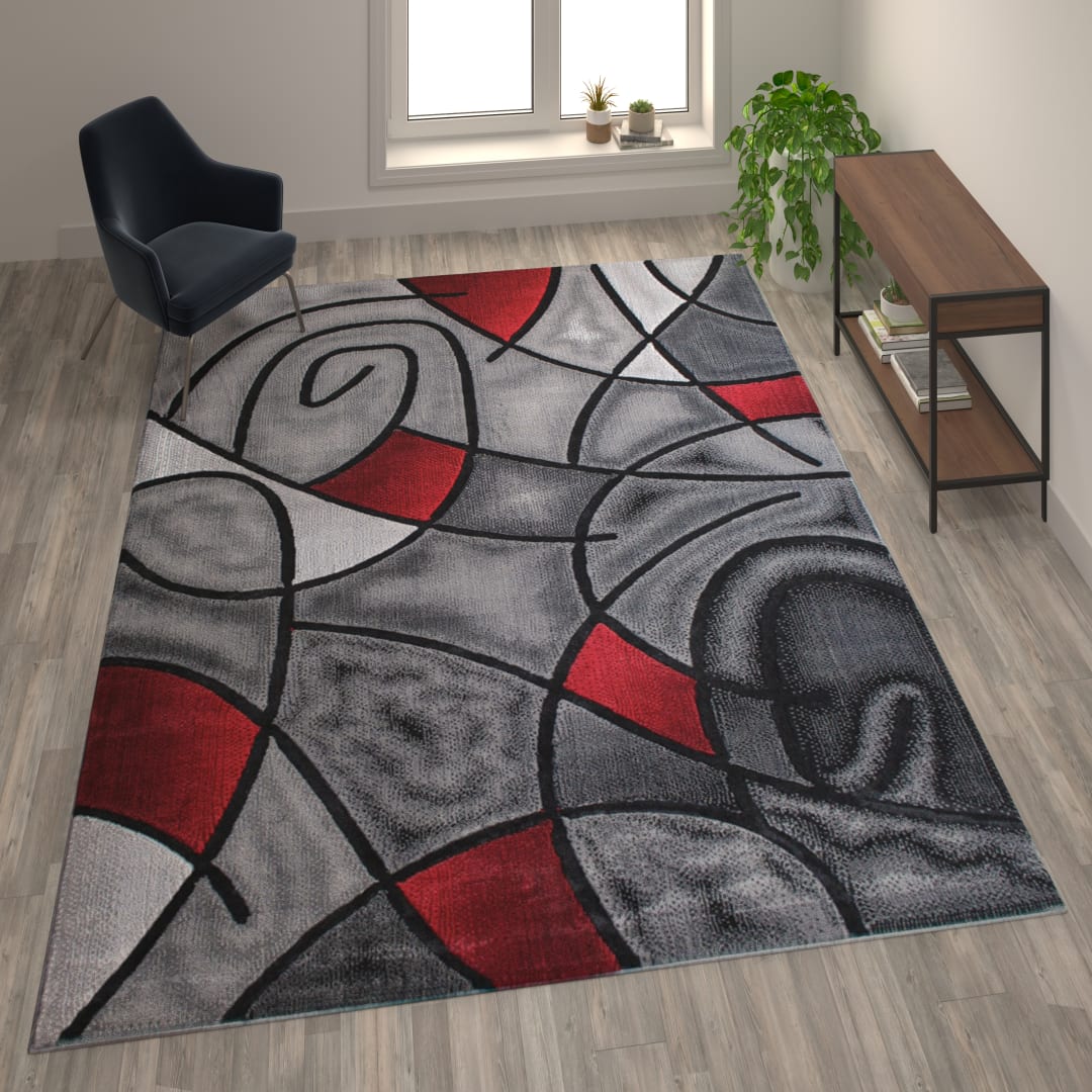 Jubilee Collection 8' x 10' Red Abstract Area Rug - Olefin Rug with Jute Backing - Living Room, Bedroom, &amp; Family Room