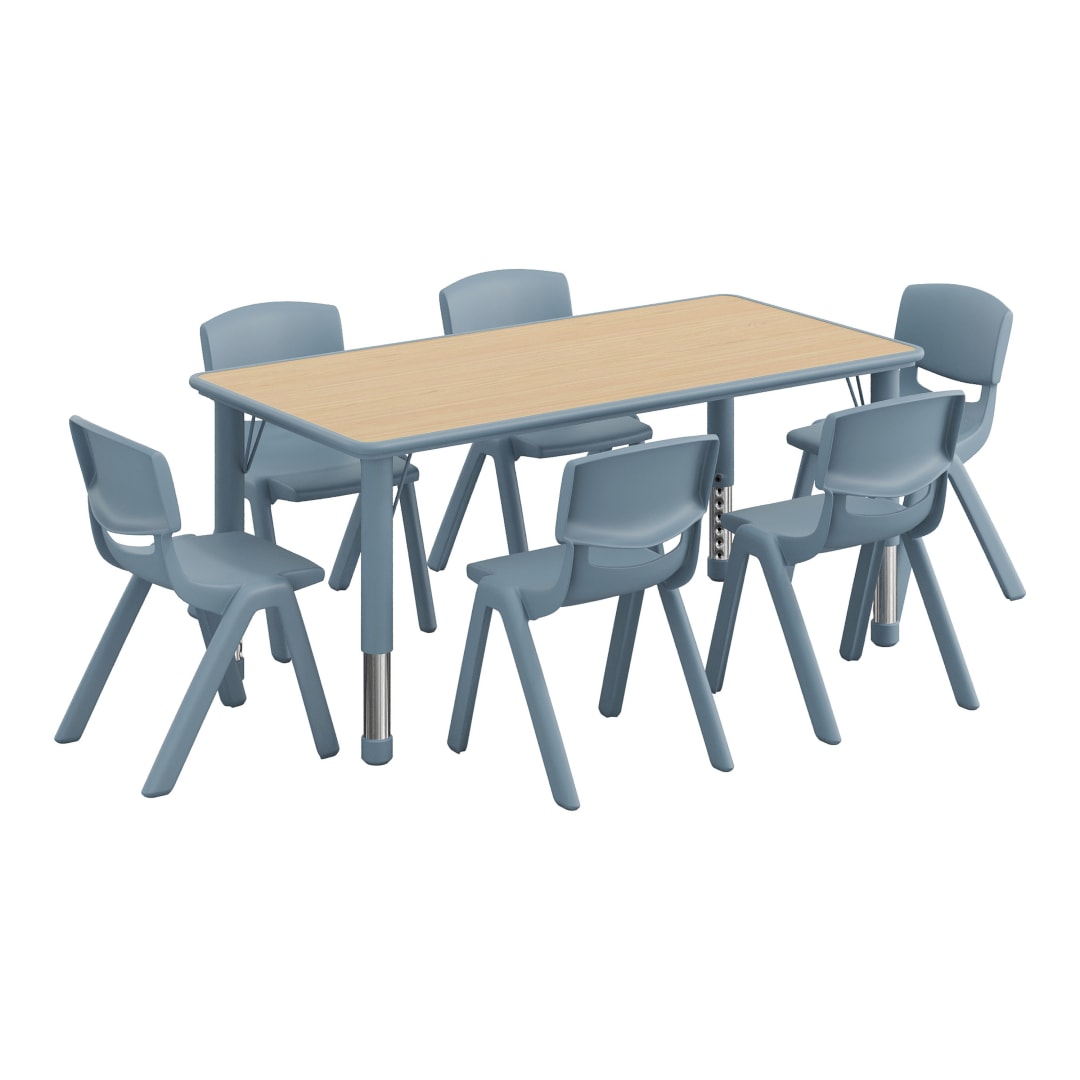 Emmy 7-Piece Kids Height Adjustable Activity Table Set, 47.25" x 23.5" Natural Woodgrain Laminate Top, Dusty Blue Frame, 6 Dusty Blue Chairs