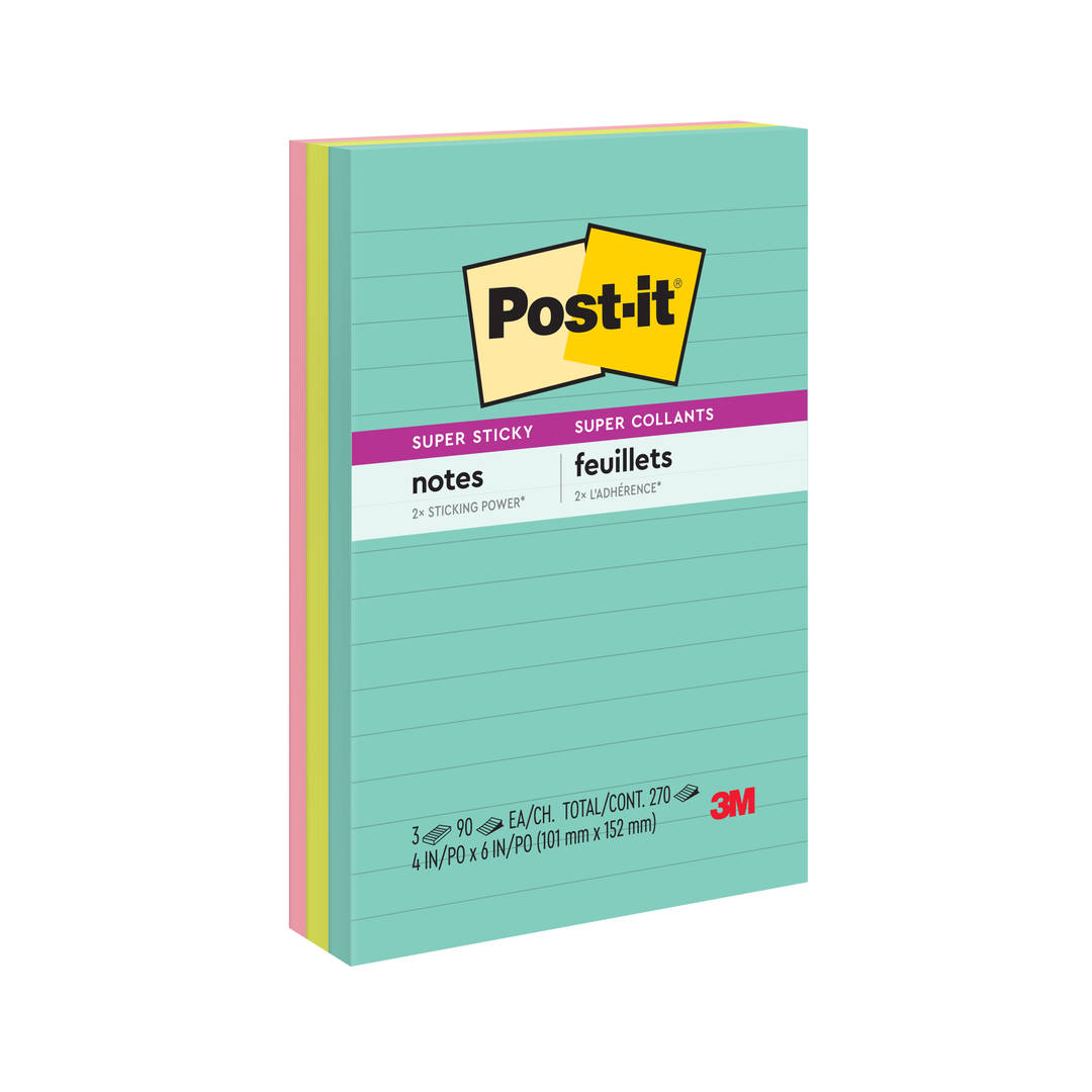 Bloco de Notas Super Adesivas Post-it®, Coleção Supernova, Pautado, 101 mm x 152 mm, 3 Blocos/Pacote