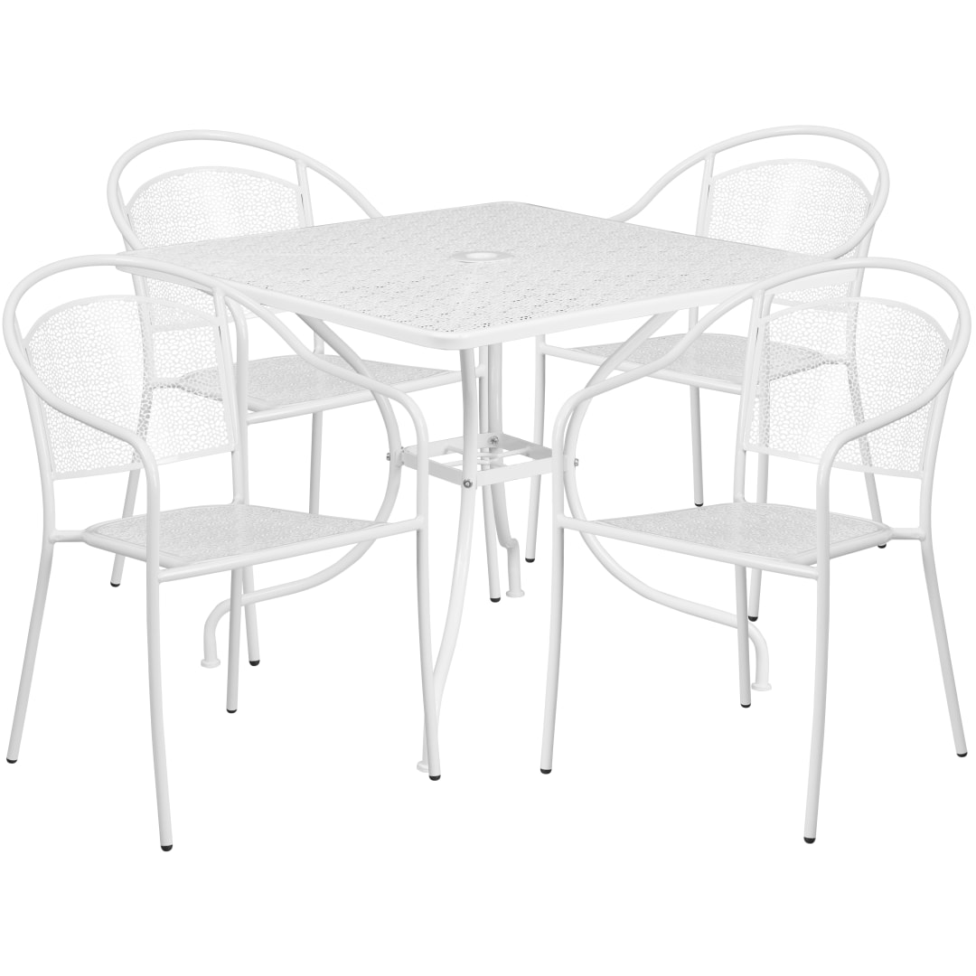 Oia Commercial Grade 35.5" Square White Indoor-Outdoor Steel Patio Table Set with 4 Round Back Chairs