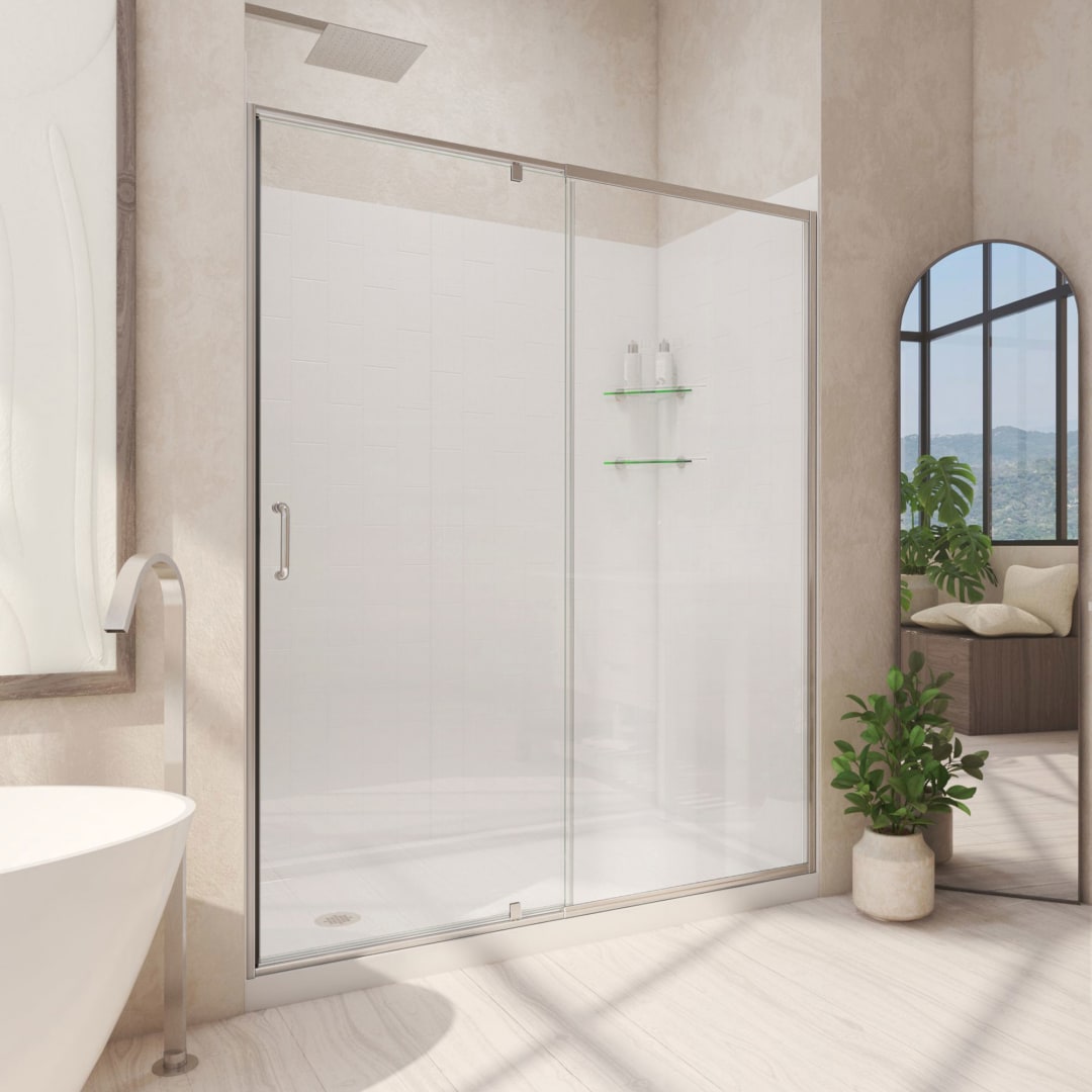 DreamLine Flex 34 inch D x 60 inch W x 78 3/4 inch H Semi-Frameless Pivot Shower Door in Brushed Nickel, Left Drain Shower Base, and Wall Kit in White