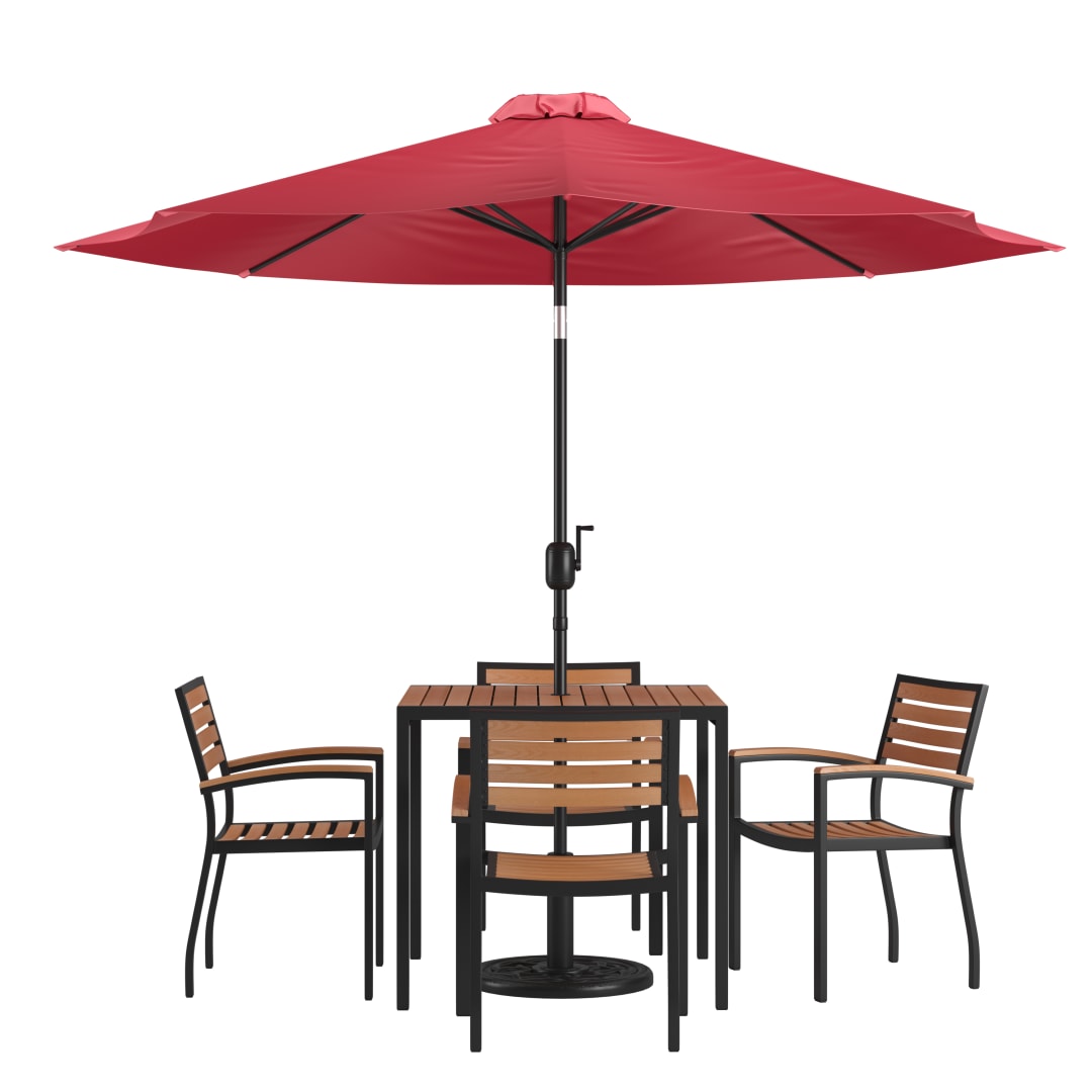 Lark 7 Piece Outdoor Patio Table Set with 4 Synthetic Teak Stackable Chairs, 35" Square Table, Red Umbrella & Base