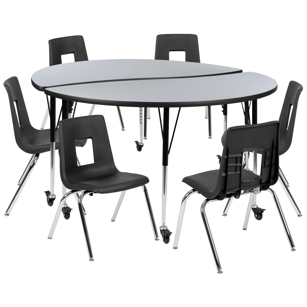 Emmy Mobile 60" Circle Wave Flexible Laminate Activity Table Set with 18" Student Stack Chairs, Grey/Black
