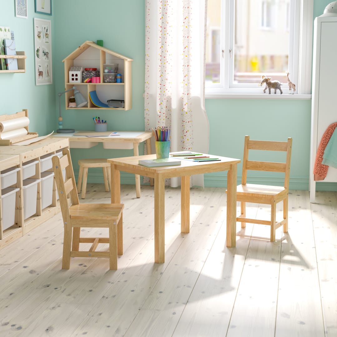 Kyndl Kids Solid Hardwood Table and Chair Set for Playroom, Bedroom, Kitchen - 3 Piece Set - Natural