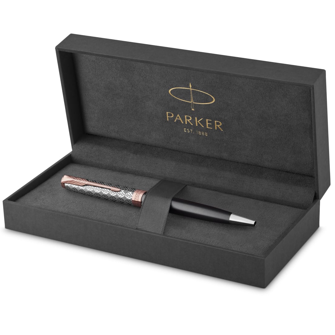 Parker Sonnet Bolígrafo | Premium metal y lacado gris con acabado chapado en oro rosa | Punta mediana con recarga de tinta negra | Caja de regalo