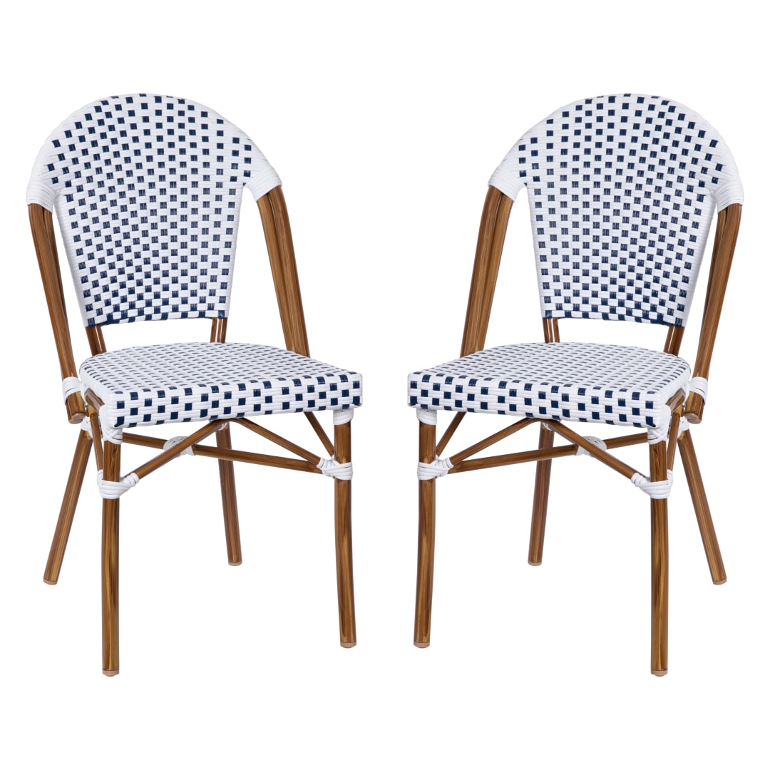 Lourdes Set of 2 Indoor/Outdoor Commercial Bistro Stacking Chair, White/Navy PE Rattan Back and Seat, Bamboo Print Aluminum Frame in Natural