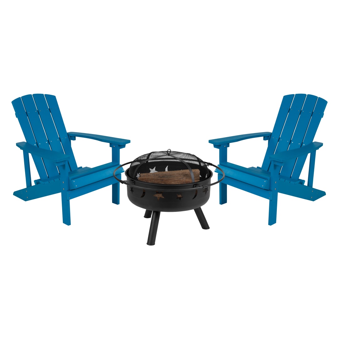 3 Piece Charlestown Commercial Blue Commercial Poly Resin Wood Adirondack Chair Set with Fire Pit - Star and Moon Fire Pit with Mesh Cover